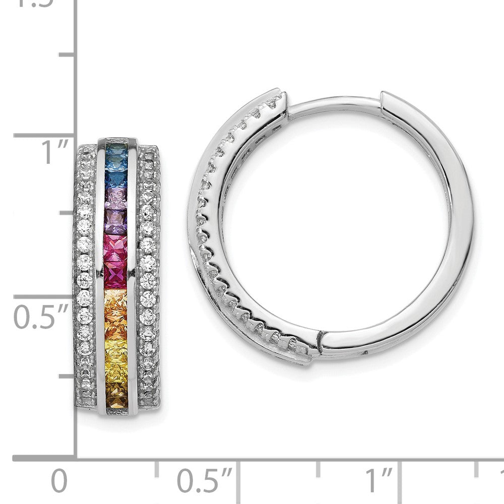 Prizma Sterling Silver Rhodium-plated Channel Set Colorful and White CZ Hinged Hoop Earrings