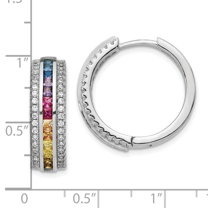 Prizma Sterling Silver Rhodium-plated Channel Set Colorful and White CZ Hinged Hoop Earrings