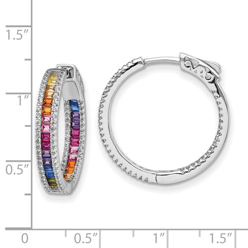 Prizma Sterling Silver Rhodium-plated White and Colorful CZ In and Out Hinged Hoop Earrings