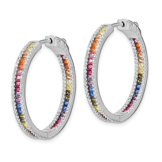 925 Prizma Sterling Silver Rhodium-plated White and Colorful CZ In and Out Hinged Hoop Earrings