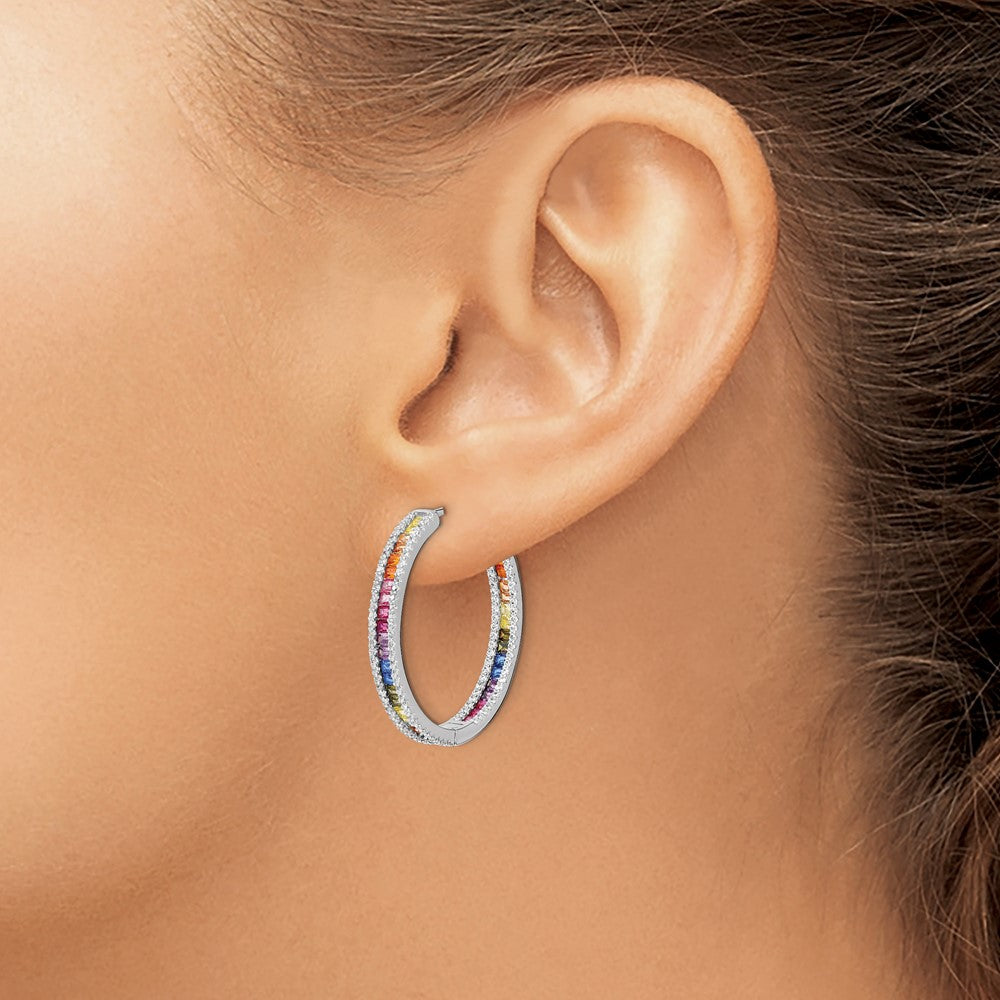 925 Prizma Sterling Silver Rhodium-plated White and Colorful CZ In and Out Hinged Hoop Earrings