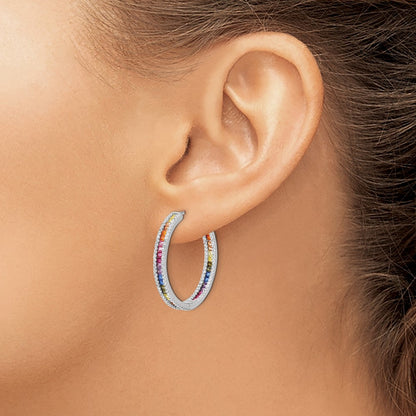 925 Prizma Sterling Silver Rhodium-plated White and Colorful CZ In and Out Hinged Hoop Earrings