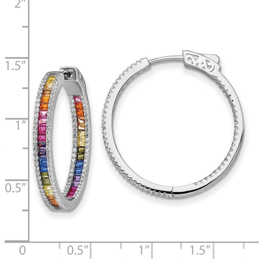 925 Prizma Sterling Silver Rhodium-plated White and Colorful CZ In and Out Hinged Hoop Earrings