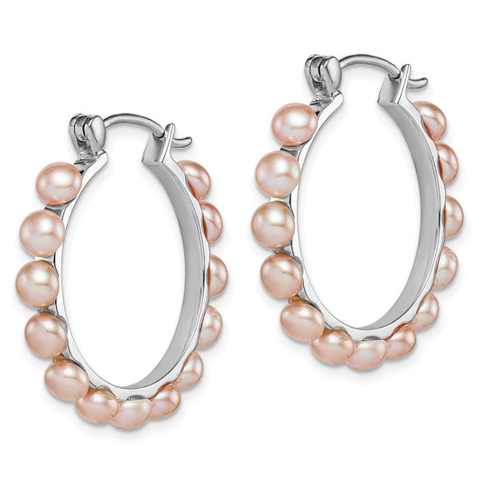 Sterling Silver Rhodium-plated 4-5mm Pink Button Cultured Pearl Hoop Earrings