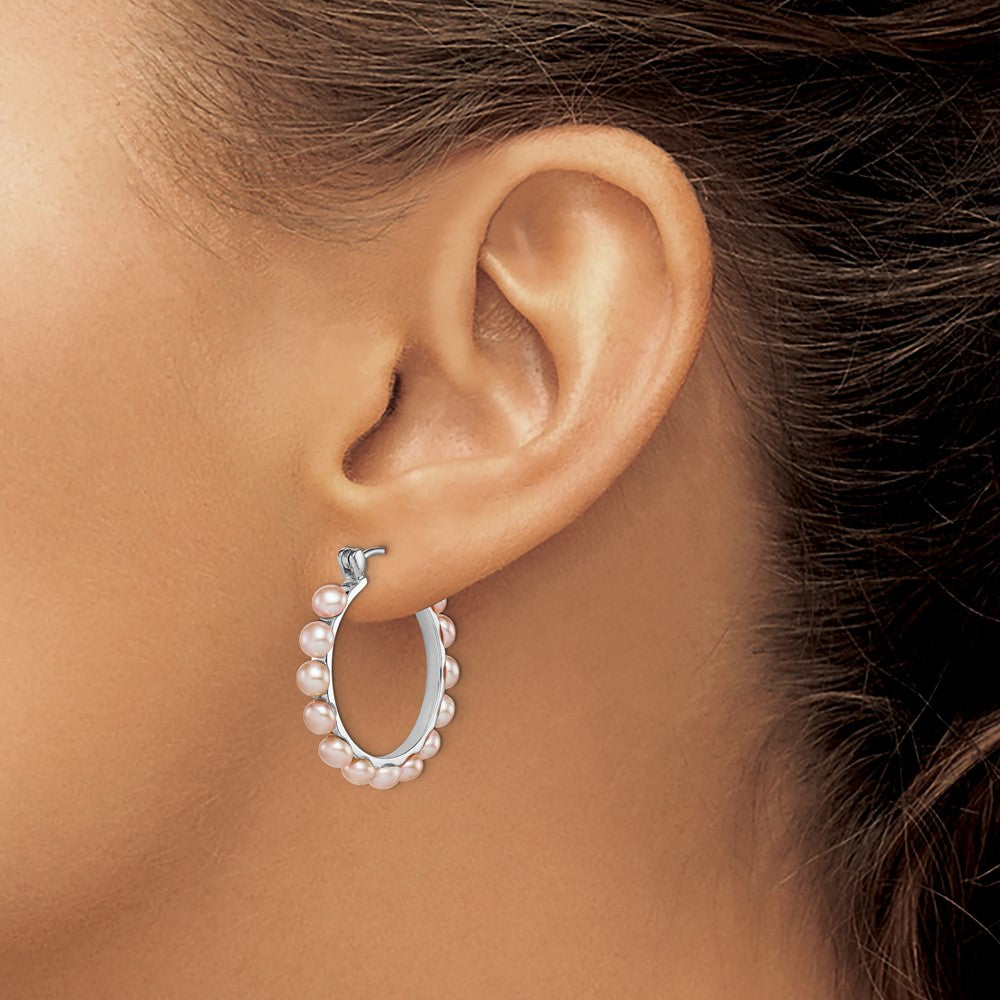 Sterling Silver Rhodium-plated 4-5mm Pink Button Cultured Pearl Hoop Earrings