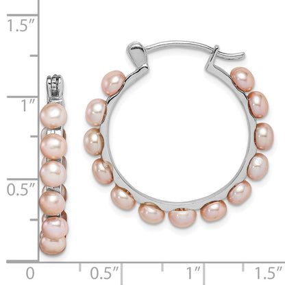 Sterling Silver Rhodium-plated 4-5mm Pink Button Cultured Pearl Hoop Earrings