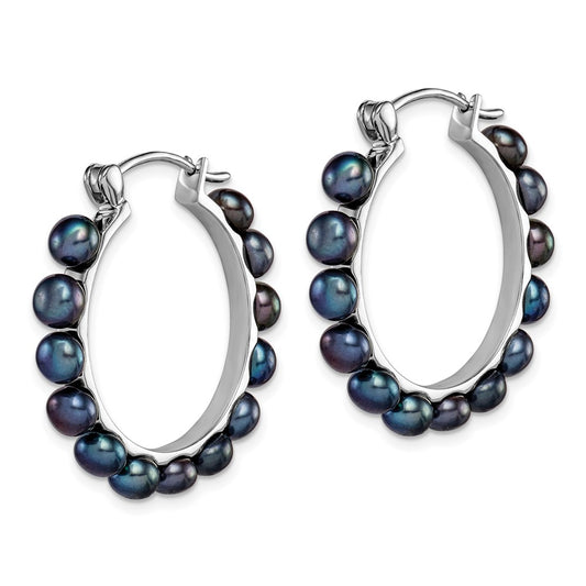 Sterling Silver Rhodium-plated 4-5mm Black Button Cultured Pearl Hoop Earrings