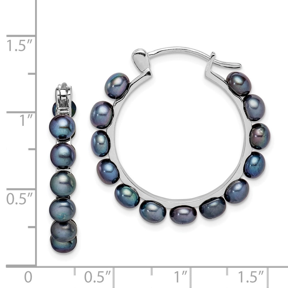 Sterling Silver Rhodium-plated 4-5mm Black Button Cultured Pearl Hoop Earrings
