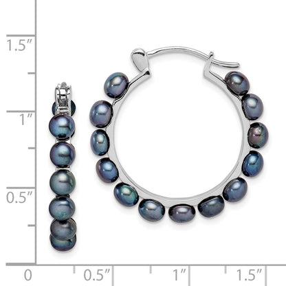 Sterling Silver Rhodium-plated 4-5mm Black Button Cultured Pearl Hoop Earrings