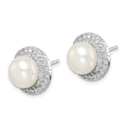 Sterling Silver Rhodium-plated 8-9mm White Button Cultured Pearl and CZ Earrings
