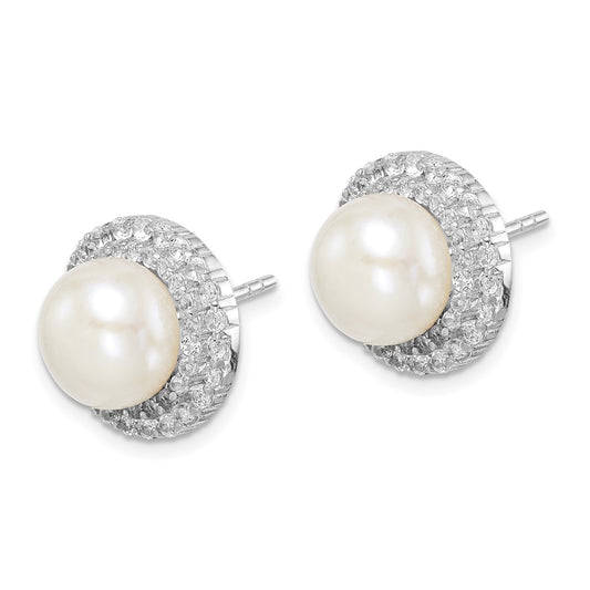 Sterling Silver Rhodium-plated 8-9mm White Button Cultured Pearl and CZ Earrings