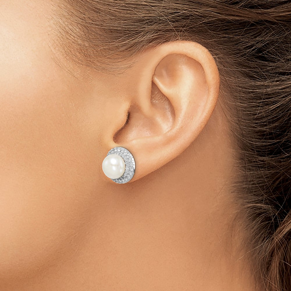 Sterling Silver Rhodium-plated 8-9mm White Button Cultured Pearl and CZ Earrings