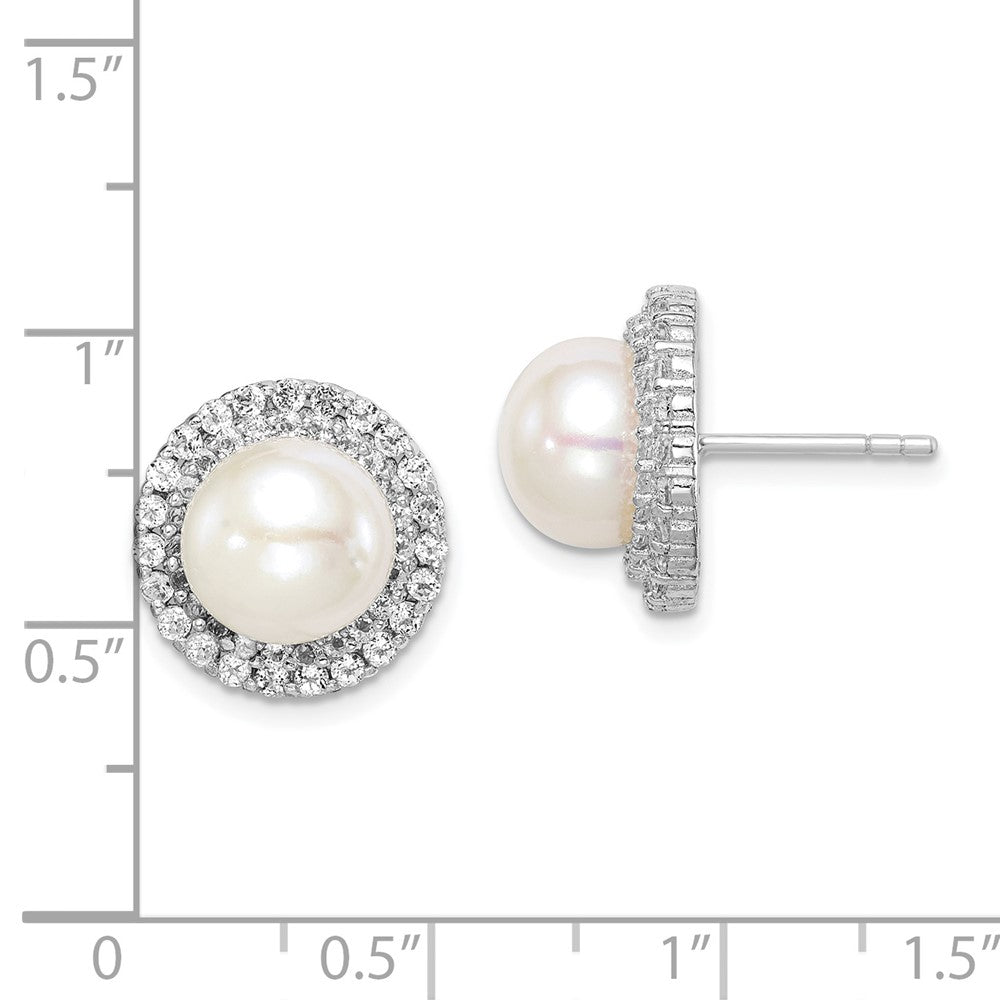 Sterling Silver Rhodium-plated 8-9mm White Button Cultured Pearl and CZ Earrings