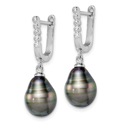 Sterling Silver Rhodium-plated 9-10mm Black Teardrop Saltwater Cultured Pearl and CZ Dangle Earrings