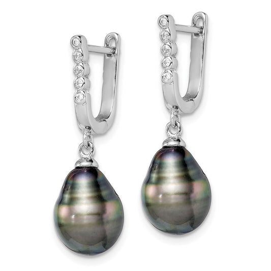 Sterling Silver Rhodium-plated 9-10mm Black Teardrop Saltwater Cultured Pearl and CZ Dangle Earrings