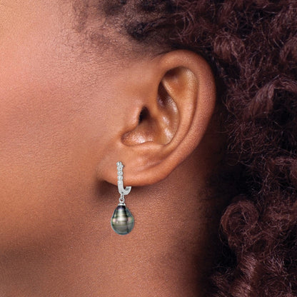 Sterling Silver Rhodium-plated 9-10mm Black Teardrop Saltwater Cultured Pearl and CZ Dangle Earrings
