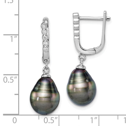 Sterling Silver Rhodium-plated 9-10mm Black Teardrop Saltwater Cultured Pearl and CZ Dangle Earrings