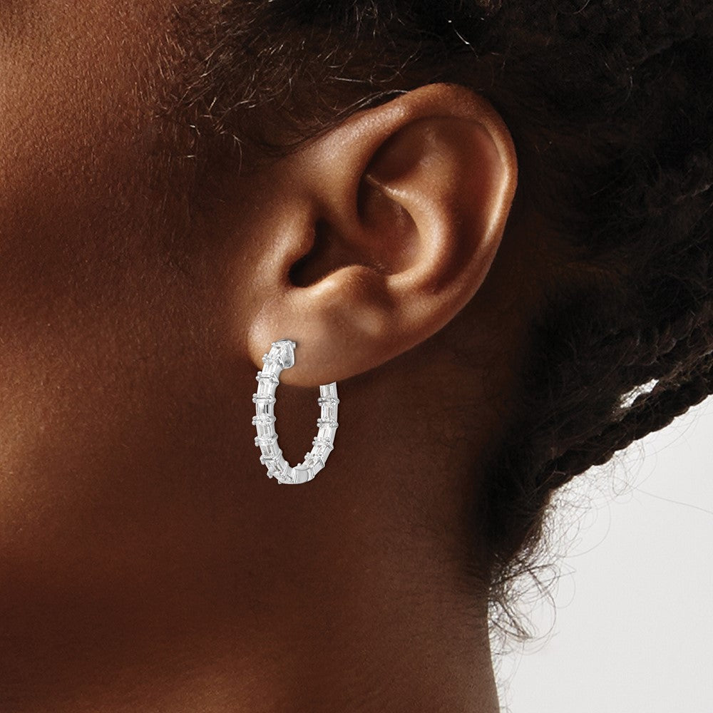 Sterling Silver Rhodium-plated 2x4mm CZ In and Out Hinged Hoop Earrings