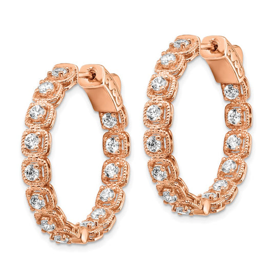 Sterling Silver Rose-tone Rose Flash Gold-plated 2.5mm CZ In and Out Hinged Hoop Earrings