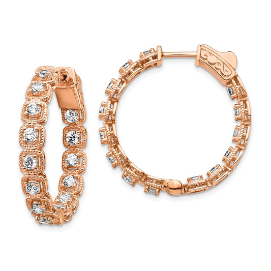 Sterling Silver Rose-tone Rose Flash Gold-plated 2.5mm CZ In and Out Hinged Hoop Earrings