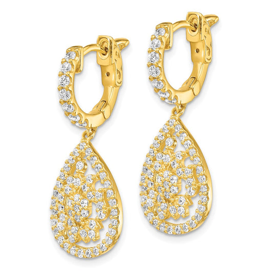 Sterling Silver Gold-tone Flash Gold-plated CZ Teardrop Dangle Hinged Hoop Earrings