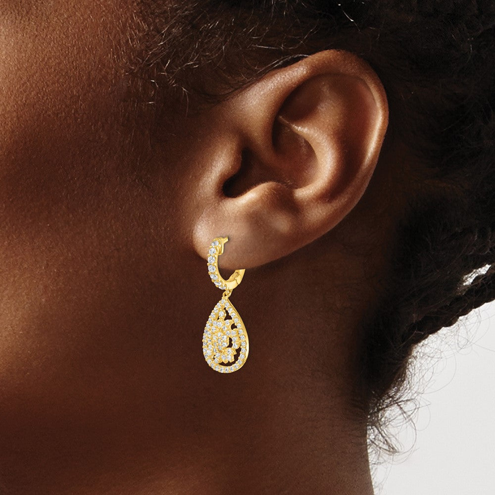 Sterling Silver Gold-tone Flash Gold-plated CZ Teardrop Dangle Hinged Hoop Earrings
