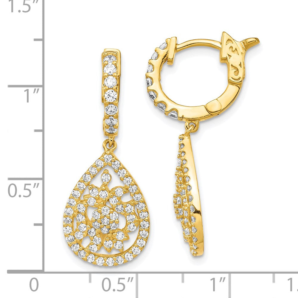 Sterling Silver Gold-tone Flash Gold-plated CZ Teardrop Dangle Hinged Hoop Earrings