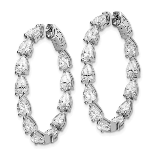 Sterling Silver Rhodium-plated Pear Shaped CZ Fancy In and Out Oval Hinged Hoop Earrings