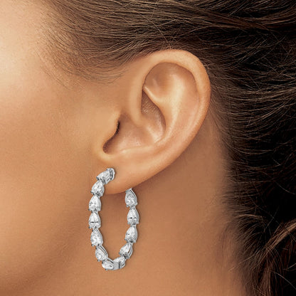 Sterling Silver Rhodium-plated Pear Shaped CZ Fancy In and Out Oval Hinged Hoop Earrings