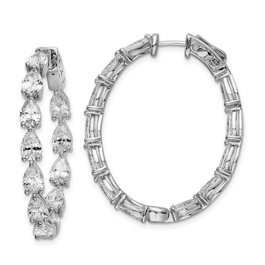 Sterling Silver Rhodium-plated Pear Shaped CZ Fancy In and Out Oval Hinged Hoop Earrings