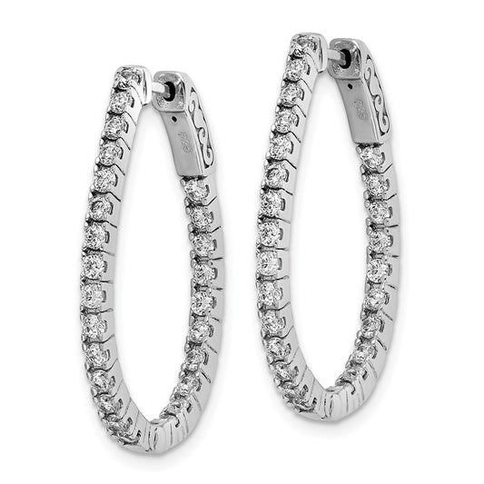 925 Sterling Silver Rhodium-plated 1.75mm CZ In and Out Oval Hinged Hoop Earrings