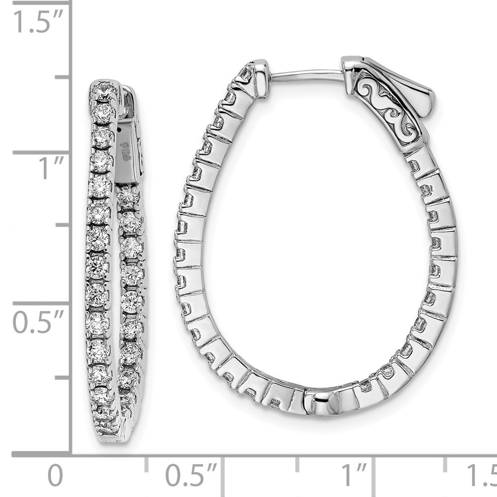 925 Sterling Silver Rhodium-plated 1.75mm CZ In and Out Oval Hinged Hoop Earrings
