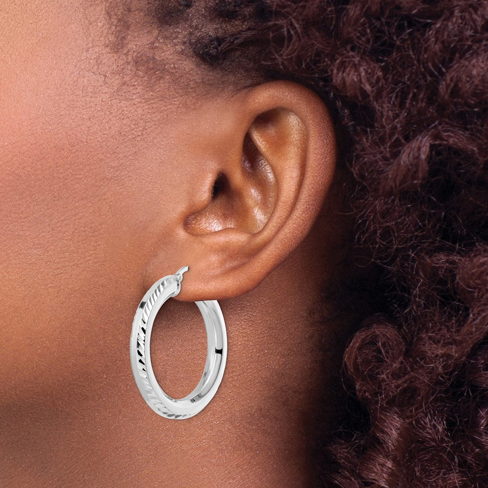 Sterling Silver Rhodium-plated 5x34mm Diamond-Cut Octagon Tube Hoop Earrings