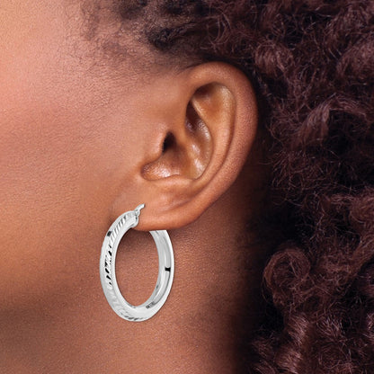 Sterling Silver Rhodium-plated 5x34mm Diamond-Cut Octagon Tube Hoop Earrings