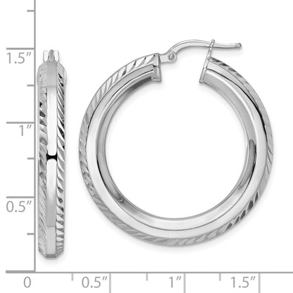 Sterling Silver Rhodium-plated 5x34mm Diamond-Cut Octagon Tube Hoop Earrings
