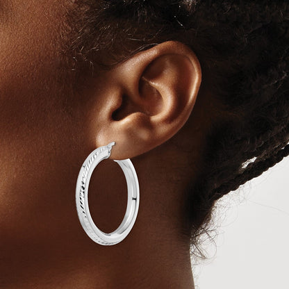 Sterling Silver Rhodium-plated 5x38mm Diamond-Cut Octagon Tube Hoop Earrings