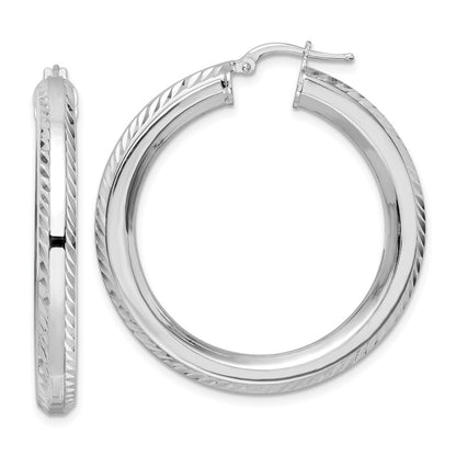 Sterling Silver Rhodium-plated 5x38mm Diamond-Cut Octagon Tube Hoop Earrings