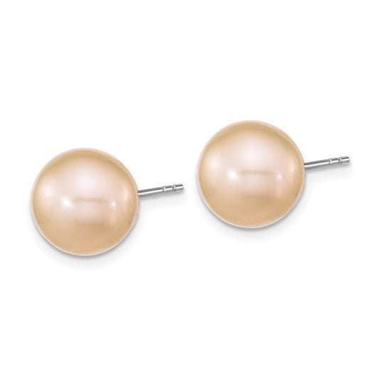 Sterling Silver Rhodium-plated 10-11mm Pink Round Cultured Pearl Earrings