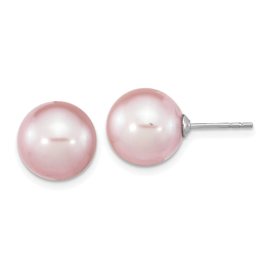 Sterling Silver Rhodium-plated 10-11mm Purple Round Cultured Pearl Earrings