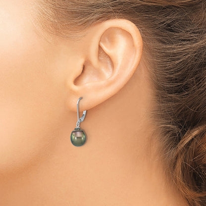 Sterling Silver Rhodium-plated 9-10mm Black Teardrop Saltwater Cultured Pearl Dangle Earrings