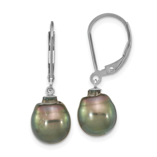 Sterling Silver Rhodium-plated 9-10mm Black Teardrop Saltwater Cultured Pearl Dangle Earrings