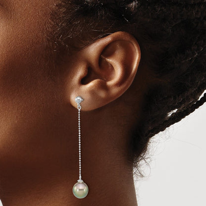 925 Sterling Silver Rhodium-plated 9-10mm Black Teardrop Saltwater Cultured Pearl Dangle Earrings