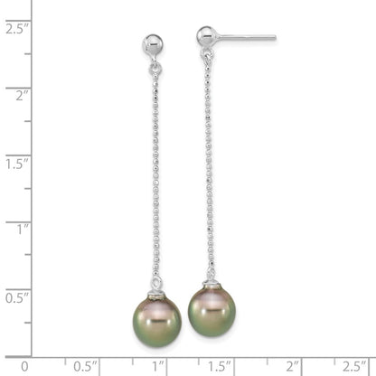 925 Sterling Silver Rhodium-plated 9-10mm Black Teardrop Saltwater Cultured Pearl Dangle Earrings