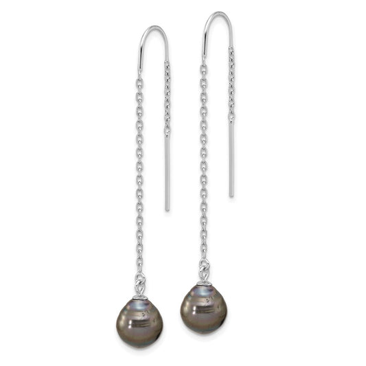 Sterling Silver Rhodium-plated 9-10mm Black Teardrop Saltwater Cultured Pearl Threader Earrings