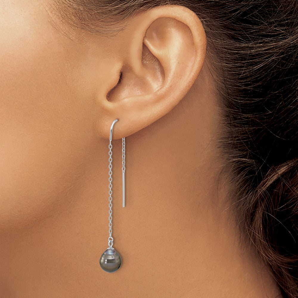 Sterling Silver Rhodium-plated 9-10mm Black Teardrop Saltwater Cultured Pearl Threader Earrings