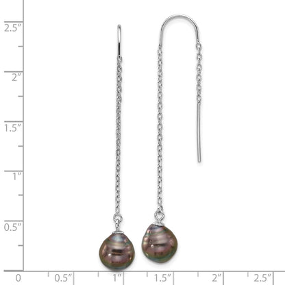 Sterling Silver Rhodium-plated 9-10mm Black Teardrop Saltwater Cultured Pearl Threader Earrings