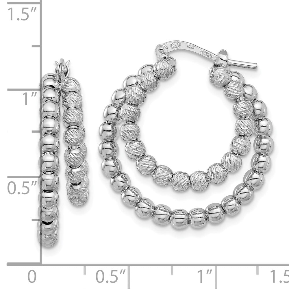 Sterling Silver Rhod-plated Diamond-Cut Beaded Double Hoop Earrings