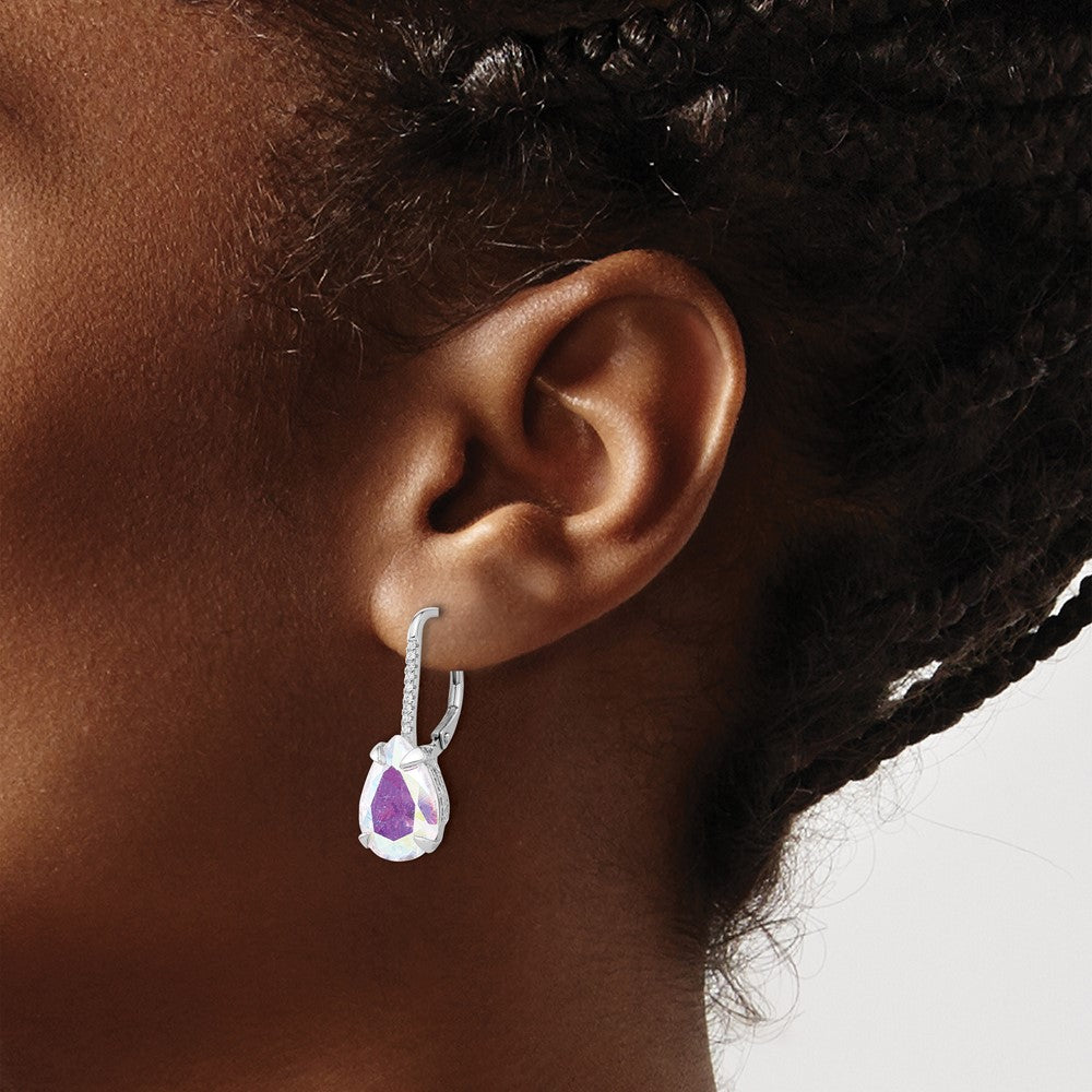 Sterling Silver Rhodium-plated Pear Iridescent CZ Earrings