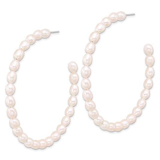 Sterling Silver Rhodium-plated 5-6mm White Rice Cultured Pearl C-Hoop Earrings