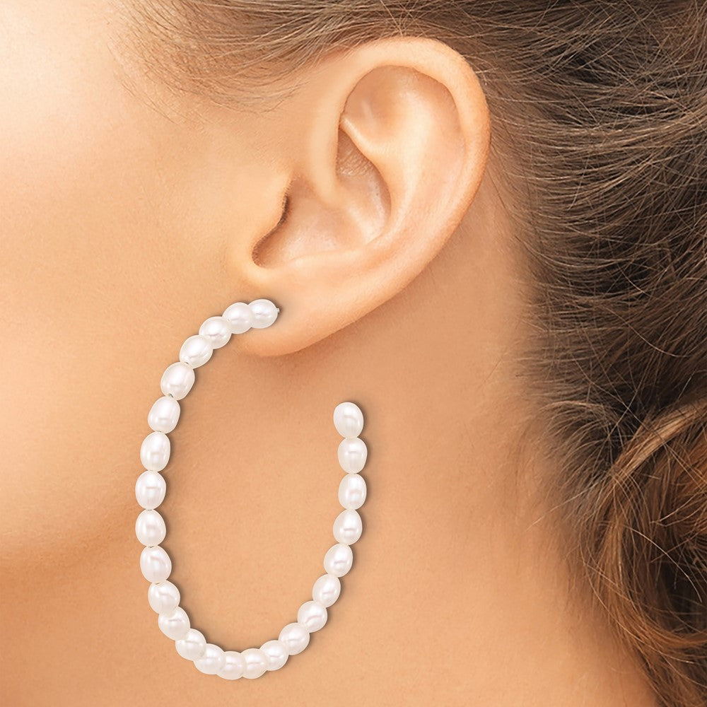Sterling Silver Rhodium-plated 5-6mm White Rice Cultured Pearl C-Hoop Earrings